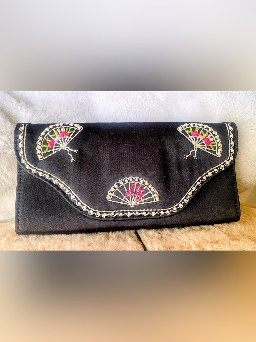 NWOT Lulu Guinness Black Satin Embroidered Clutch